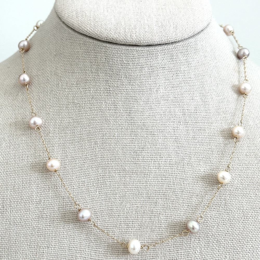 14K Yellow Gold Genuine 6.5MM Light Pink Pearls Station Chain Necklace 18"
